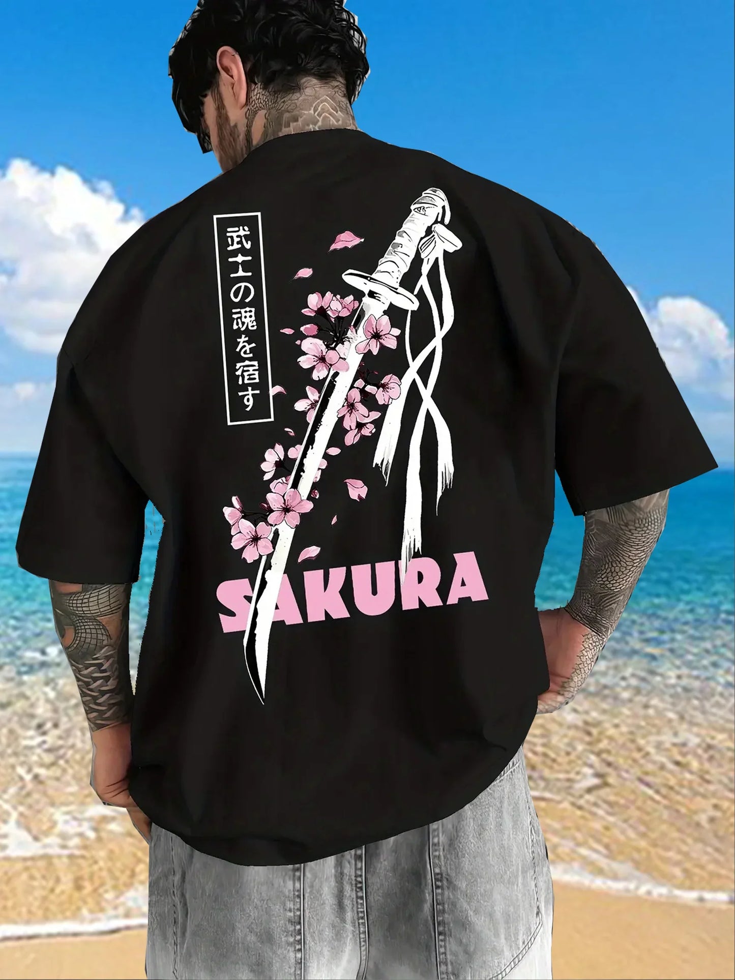 Japanese Samurai Sword Sakura Print 100% Cotton Men Women T-shirt Summer Autumn Daily Outdoor Sports Casual Street Short-sleeve