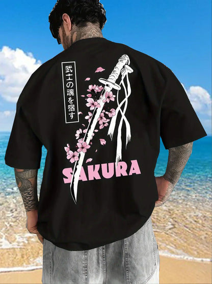 Japanese Samurai Sword Sakura Print 100% Cotton Men Women T-shirt Summer Autumn Daily Outdoor Sports Casual Street Short-sleeve