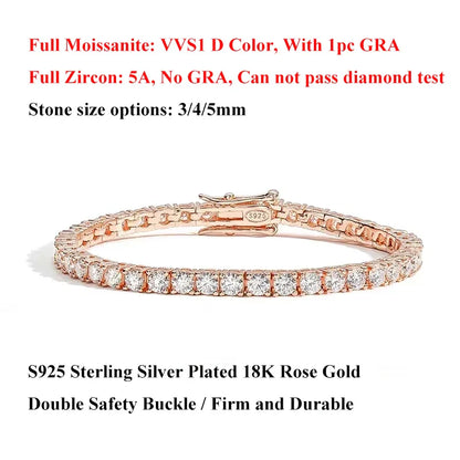 3mm 4mm 5mm Moissanite Tennis Bracelet for Women Men 925 Silver Plated 18k Gold Pass Diamond Tester Link Bracelets Bangle