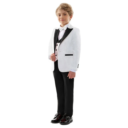 2026 New Formal Black Jacquard Suit Set 4 Pieces Wedding Ring Bearer Outfit Handsome Peak Lapel Suits For Birthday Party 3-14T