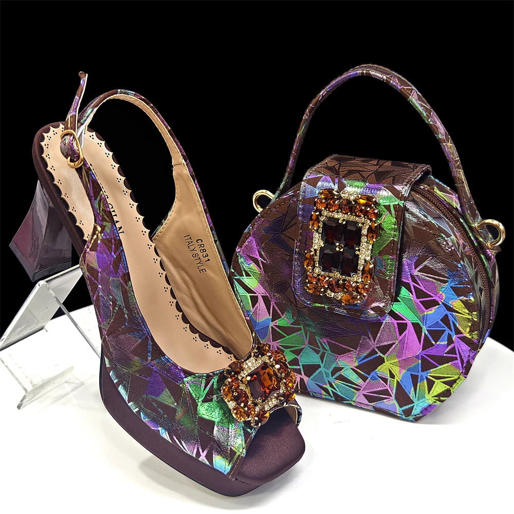 Elegant Women Heels for Peep Toe Good Material Design Rhinestone Fuchsia Sandals Italian Shoes and Bags Matching Set 2025