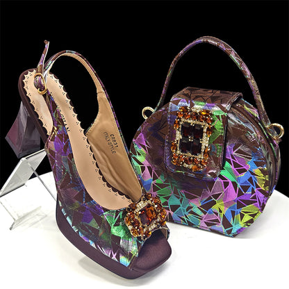 Elegant Women Heels for Peep Toe Good Material Design Rhinestone Fuchsia Sandals Italian Shoes and Bags Matching Set 2025