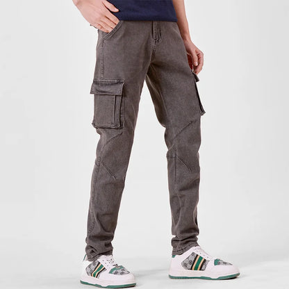 Men's Street Style Elastic Waist Denim Cargo Pants Solid Color Washed Slim Fit Casual Jeans with Multiple Pockets for Daily Wear
