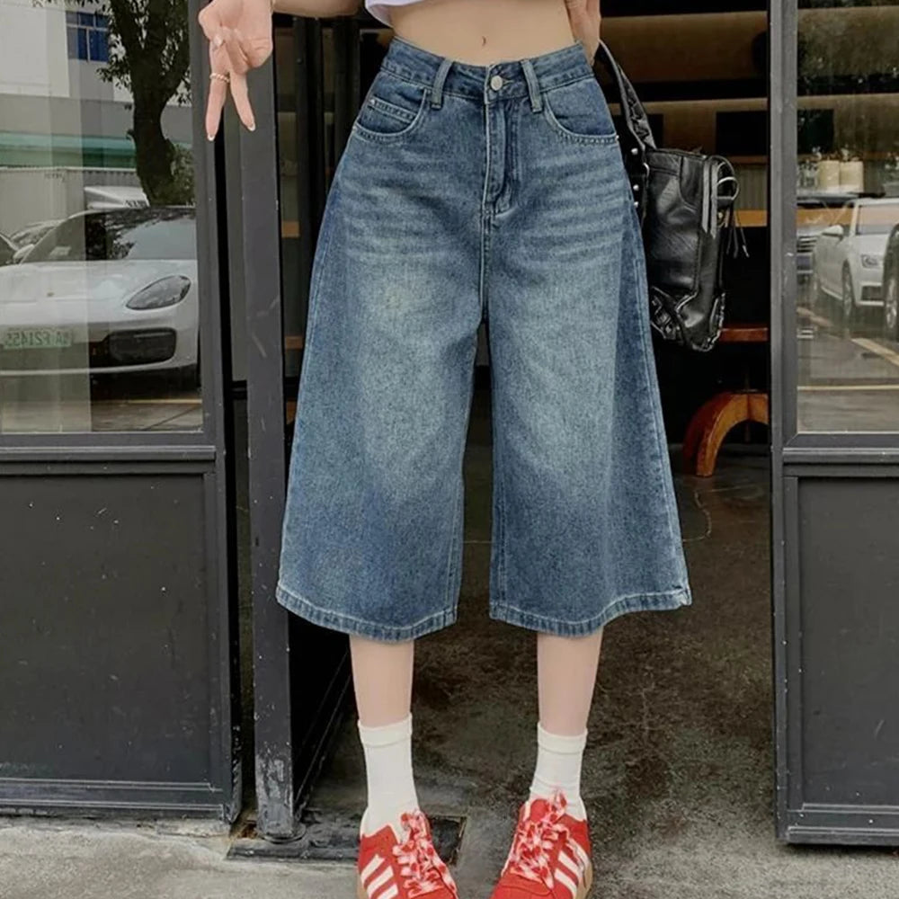 Verão American Style Vintage Feminino Jeans Folgado Y2k Solto Lavado Cintura Alta Calça Jeans Comprimento Joelho Streetwear Shorts Perna Larga