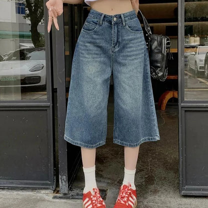 Verão American Style Vintage Feminino Jeans Folgado Y2k Solto Lavado Cintura Alta Calça Jeans Comprimento Joelho Streetwear Shorts Perna Larga
