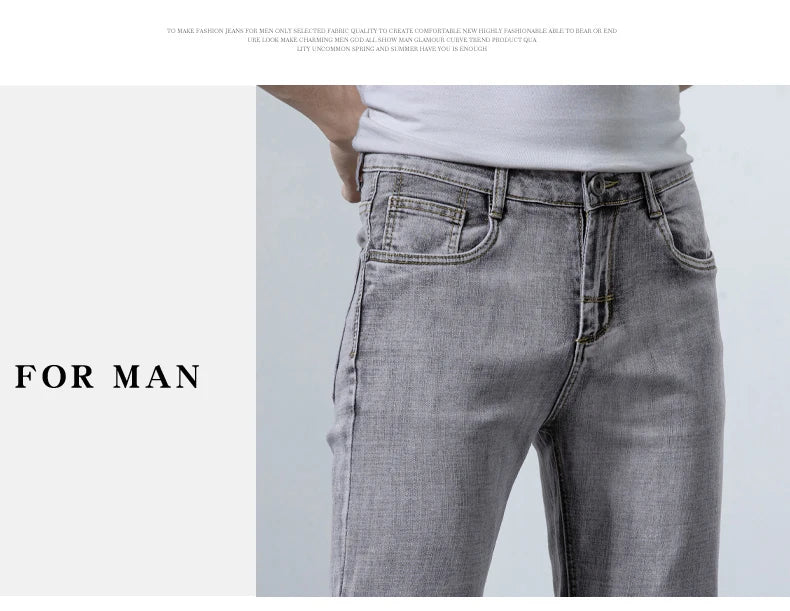 2022 Autumn Spring Fitted Straight Stretch Denim  Classic Style Badge Youth Men's Business Casual Jeans Trousers