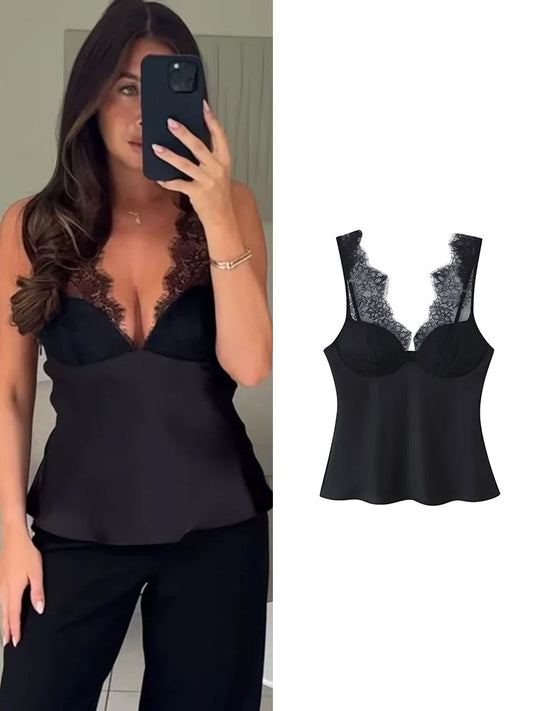 Women's Elegant Camisoles Sexy Splice Lace Sleeveless Sling Top Fashion Slimming Vintage Tank Top 2026 New Lady Street Wear