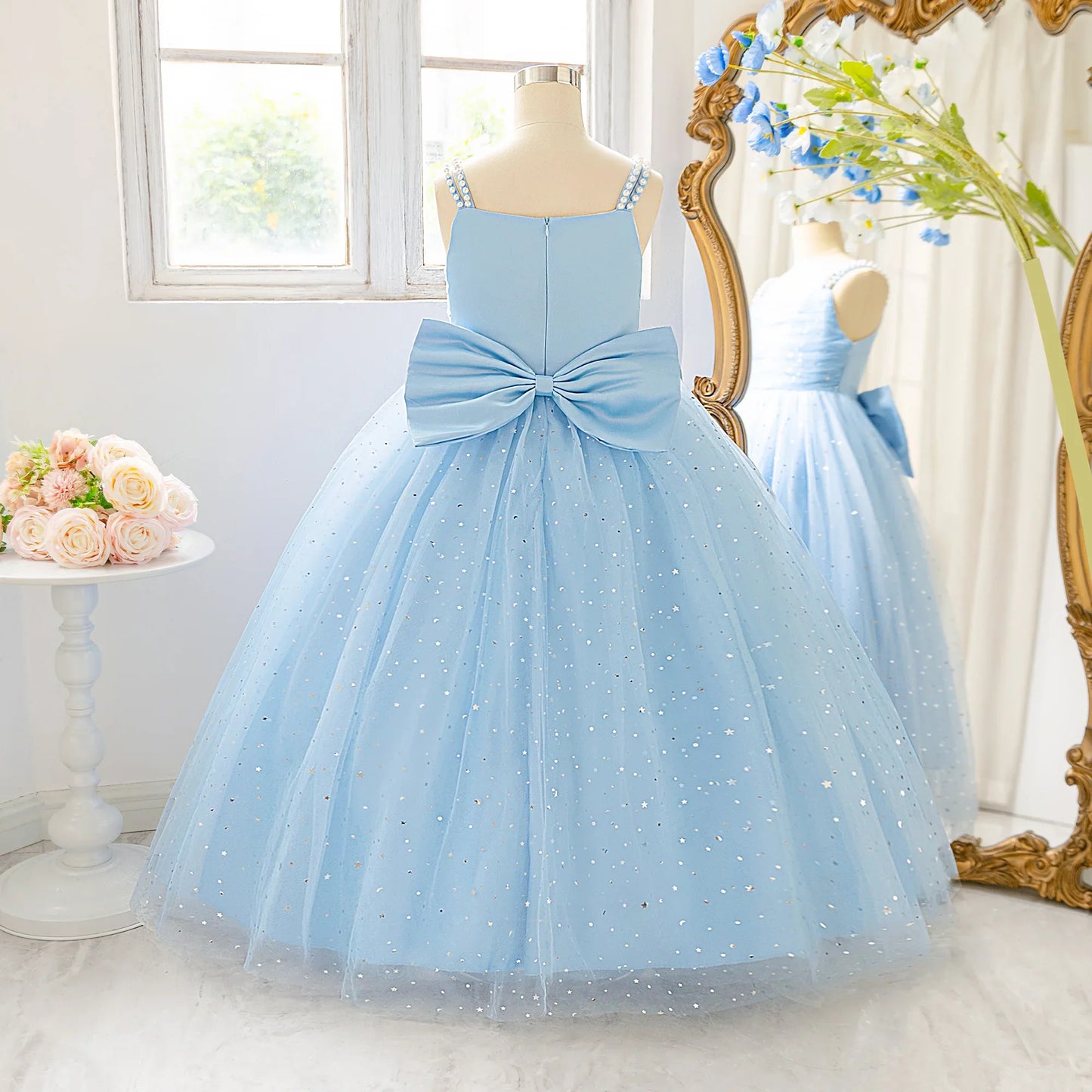 Elegant Sequins Bridemaids Girl Dress Summer Big Bow Tulle Wedding Princess Party Prom Dresses Girls Birthday Evening Ball Gown