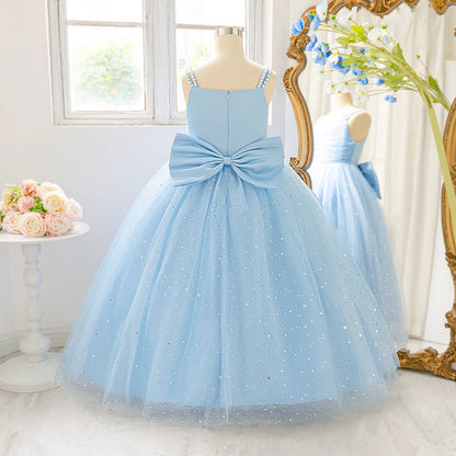 Elegant Sequins Bridemaids Girl Dress Summer Big Bow Tulle Wedding Princess Party Prom Dresses Girls Birthday Evening Ball Gown