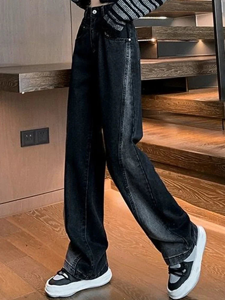 Calça Feminina Cintura Alta Jeans High Street Patchwork Reta
