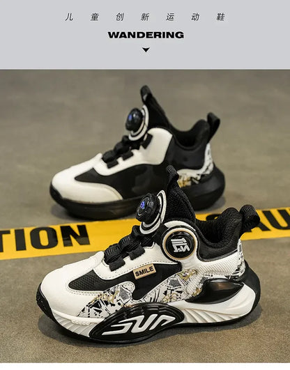 Leather Upper Children Basketball Shoes Rotatory Button Shock Absorbing Boys Shoes
