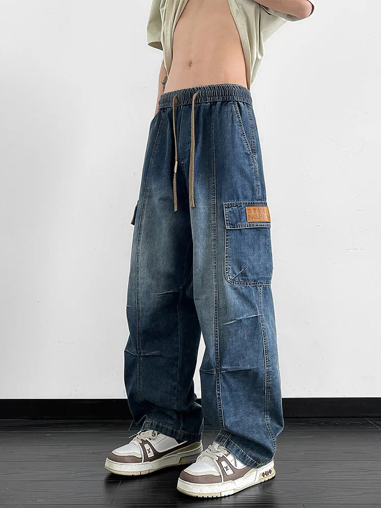 Men's Cargo Jeans with 5 Pockets Spring Summer All-Day Wide Leg Straight Baggy Jeans Brushed Warm Denim Pants Asian Size L-6XL