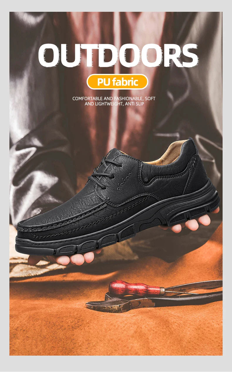 Men's Handmade Thick Rubber Bottom Breathable Casual Leather Shoes Classic Sewn Loafers Comfortable Leisure Footwear