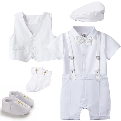 Baby Boys Baptism Outfit Infant Wedding Gentleman Set Christening Formal Birthday Party Suit Suspender Bow Tie Romper