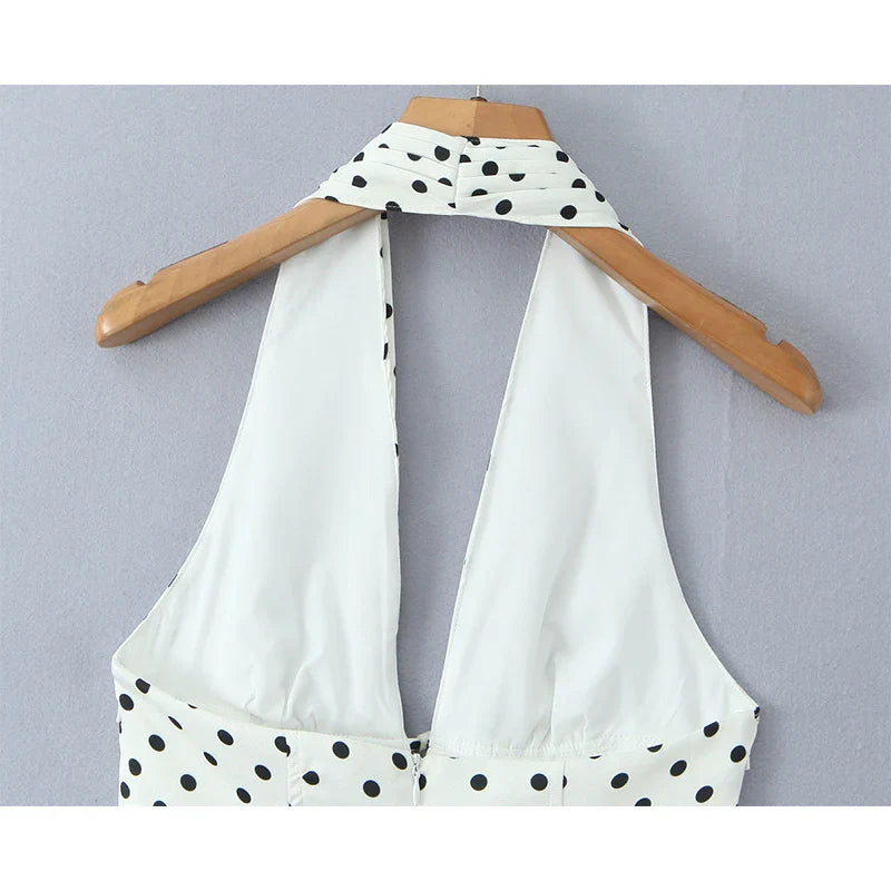 French Style Retro Polka Dot Deep V Halter Dress Women Sexy Backless A-line Slim Sweet Elegant Mini Dresses Summer Robe