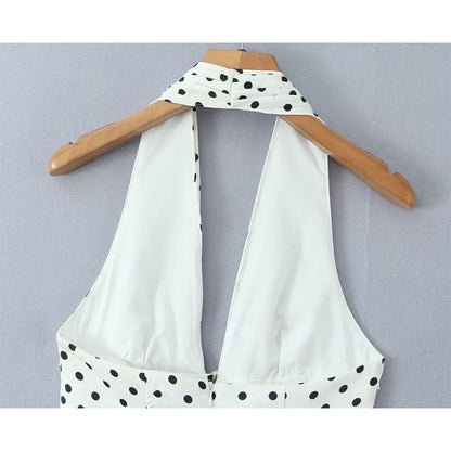 French Style Retro Polka Dot Deep V Halter Dress Women Sexy Backless A-line Slim Sweet Elegant Mini Dresses Summer Robe