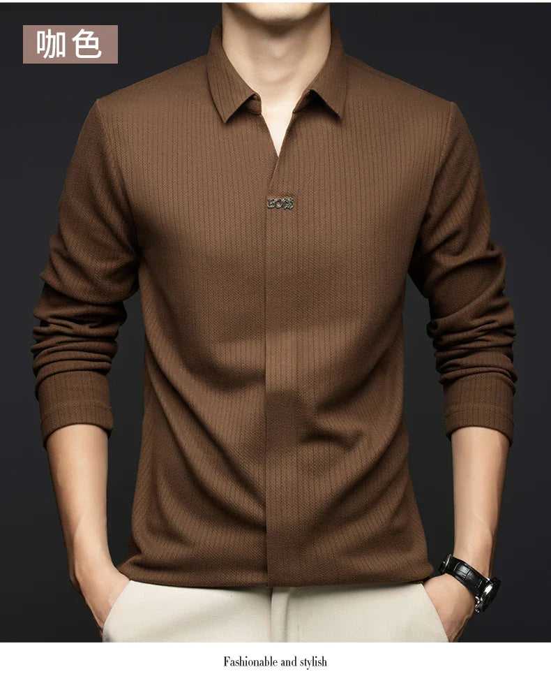 Men's Business Casual Solid Color Stretch V-neck POLO Shirt Daily Commute Striped Sweater for Fall 2024.
