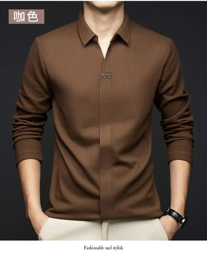 Men's Business Casual Solid Color Stretch V-neck POLO Shirt Daily Commute Striped Sweater for Fall 2024.