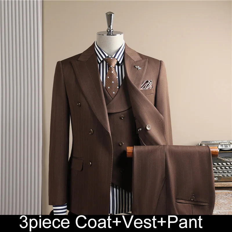 Man Outfit Turn Down Collar Long Sleeve Blazer Men Turn Down Collar Vest Straight-leg Pant Male Striped Slim 3-piece Suit Set