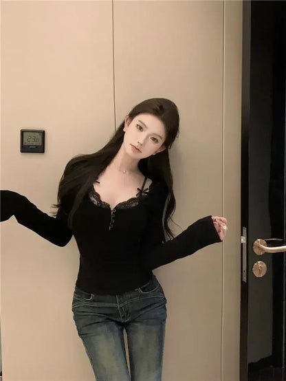 Autumn Sweet Lace Stitching V-neck Skinny Top Pink Coquette Aesthetic Slim-fit Long Sleeve T-shirts Cute Casual Tees Women Goth