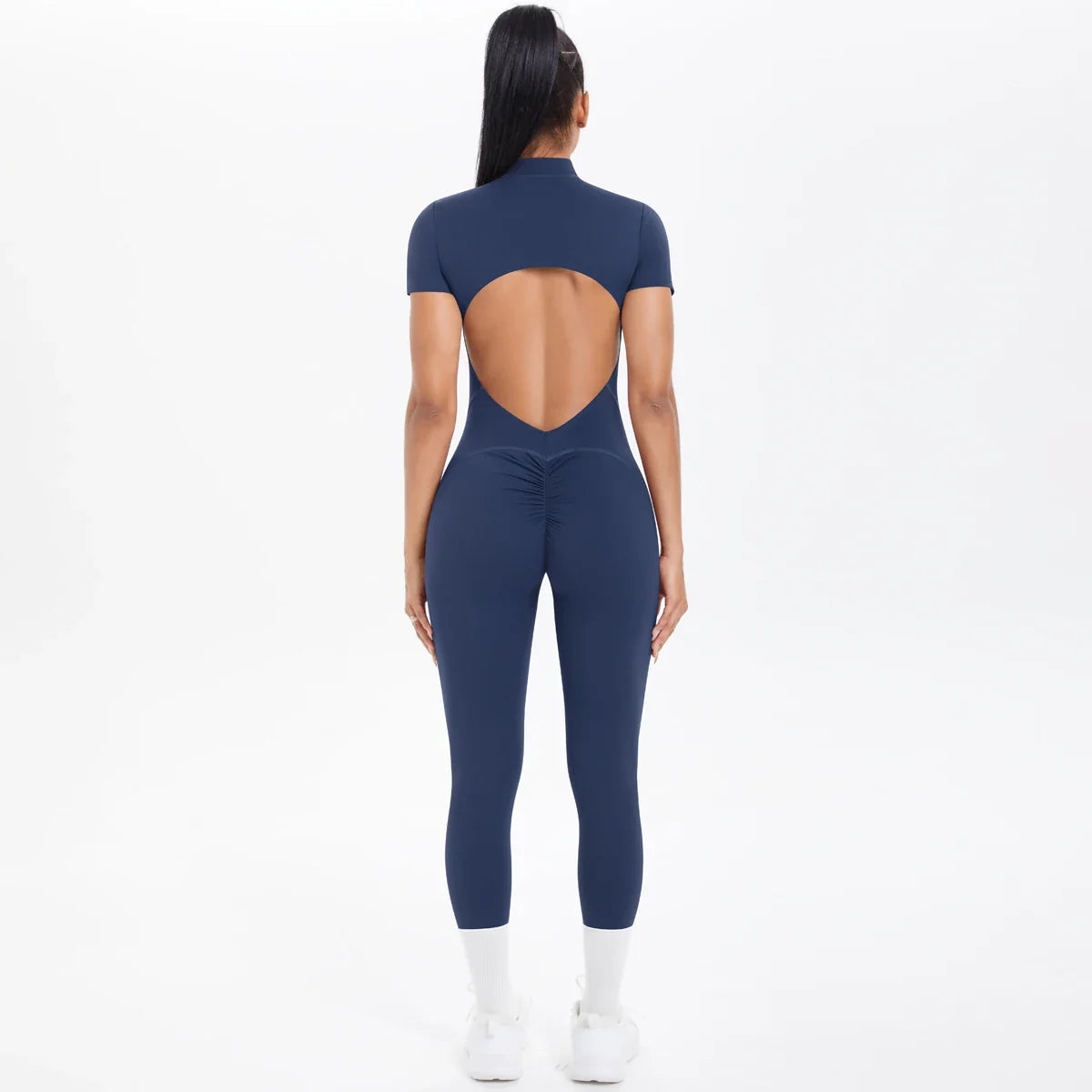 Short Sleeved Fitness Jumpsuit for Woman Bodysuits Backless Solid Color Scrunch One-Piece Suit Half Zipper Gym Yoga Sets Womens