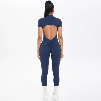 Short Sleeved Fitness Jumpsuit for Woman Bodysuits Backless Solid Color Scrunch One-Piece Suit Half Zipper Gym Yoga Sets Womens