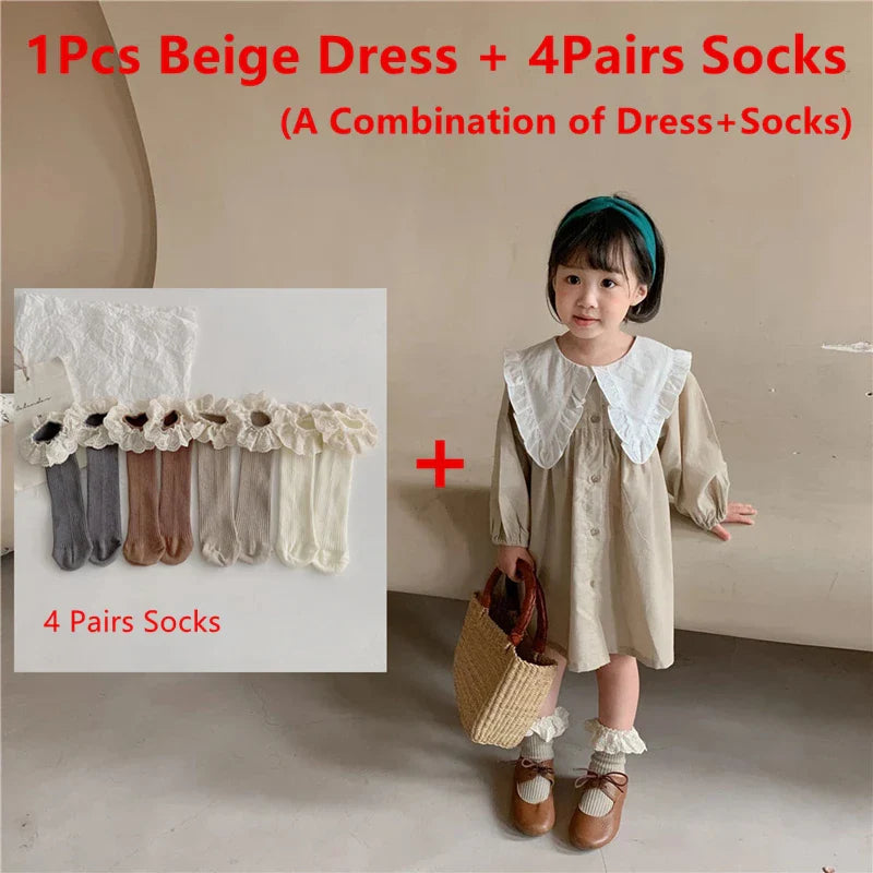 Baby Girls Dress Casual Plaid Clothes Summer New Korean Cotton Linen Girls Princess Dress Big Turn Down Collar Dress