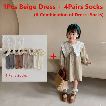 Baby Girls Dress Casual Plaid Clothes Summer New Korean Cotton Linen Girls Princess Dress Big Turn Down Collar Dress