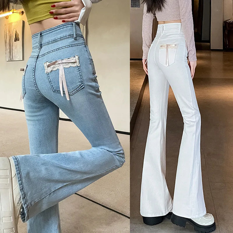 Stretch Spice Girls Bow Lace Splicing Micro Jeans