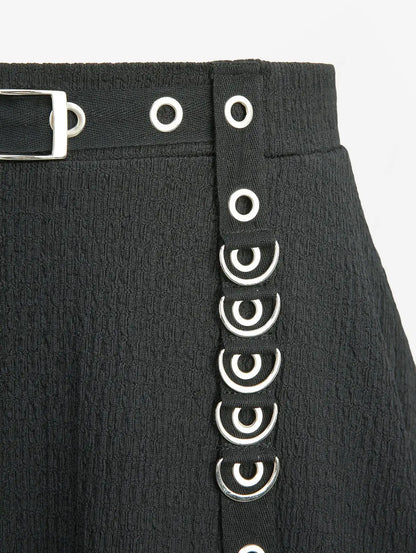 Plus Size Women Casual Skirts Black Elastic Wais Textured Strap Buckle Grommet A Line Skirt With Pocket