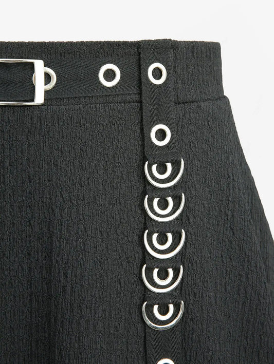 Plus Size Women Casual Skirts Black Elastic Wais Textured Strap Buckle Grommet A Line Skirt With Pocket