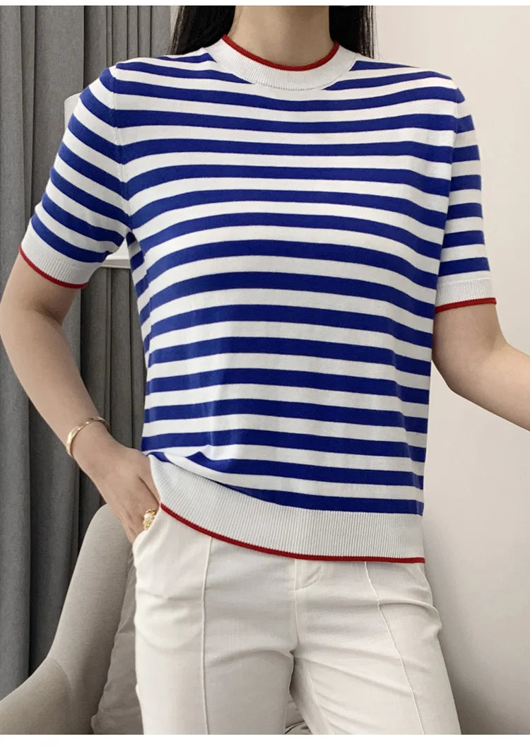 Summer Women's O-Neck Striped 100% Cotton Short Sleeve T-Shirt With Loose Pullover Casual Knit Top High Quality 5 Sizes
