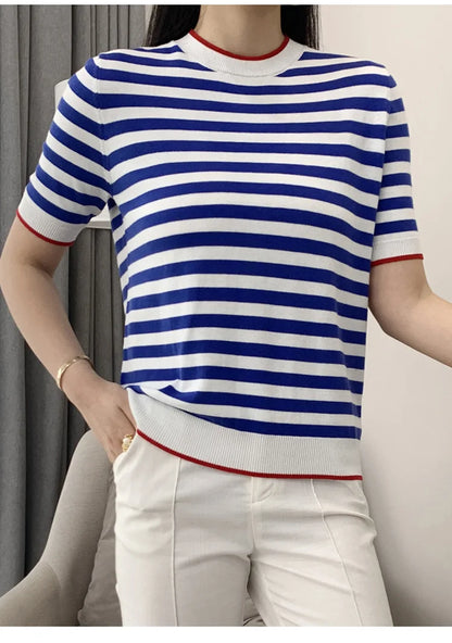 Summer Women's O-Neck Striped 100% Cotton Short Sleeve T-Shirt With Loose Pullover Casual Knit Top High Quality 5 Sizes