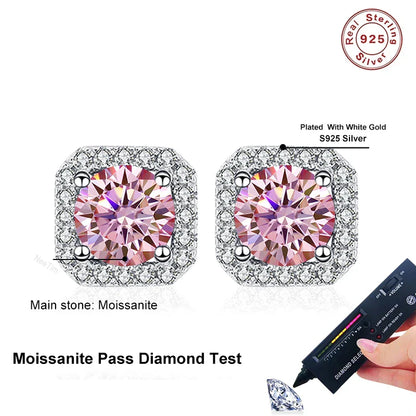 0.5ct 1ct Pink Moissanite Studs Earrings for Women 925 Sterling Silver Black Blue Grey Sparkling Lab Diamond Stud Earring