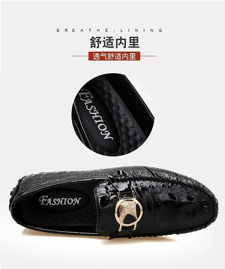 Slip-On Men's Shoes Crocodile Pattern 2025 Spring and Summer Fashion British Trendy Bright Leather Shiny Lazy Casual Beanie Shoes Handmade