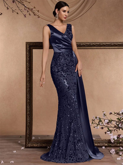 Elegant V-neck Splice Ribbons Sequins Evening Dresses Woman Sleeveless Mermaid Formal Luxury Wedding Party Prom