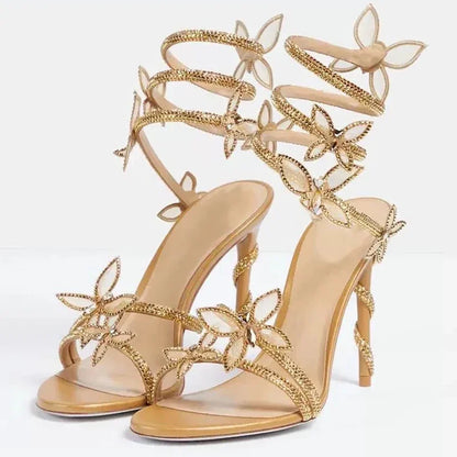 Street Style CRYSTAL Flower Thin Heels Banquet Prom Women Sandals Sexy Open Toe Narrow Band Ankle Strap Gladiator Shoes