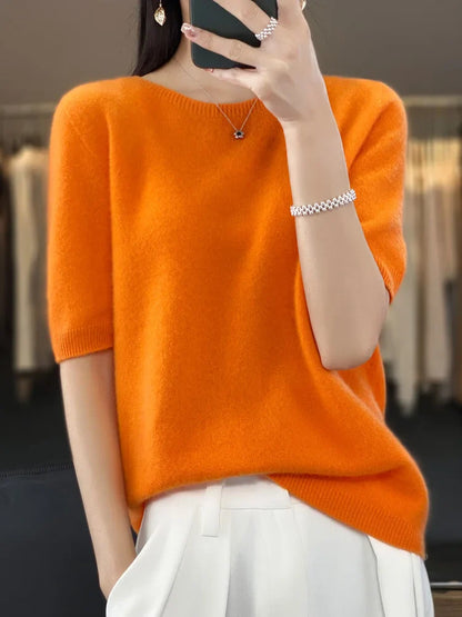 100% pure wool T-shirt spring and summer new women's O-neck pullover short sleeve loose five-sleeve sweater high-end top