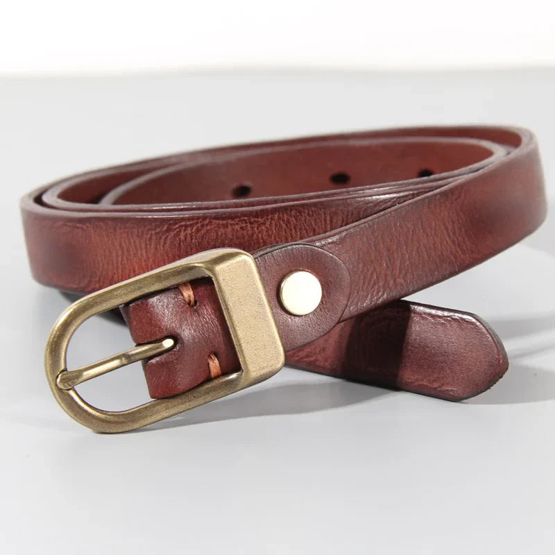 Retro Narrow Cowhide Women's Belt Pure Copper Button Top Cowhide All-match Casual Jeans Belt High Quality Luxury Women Belt
