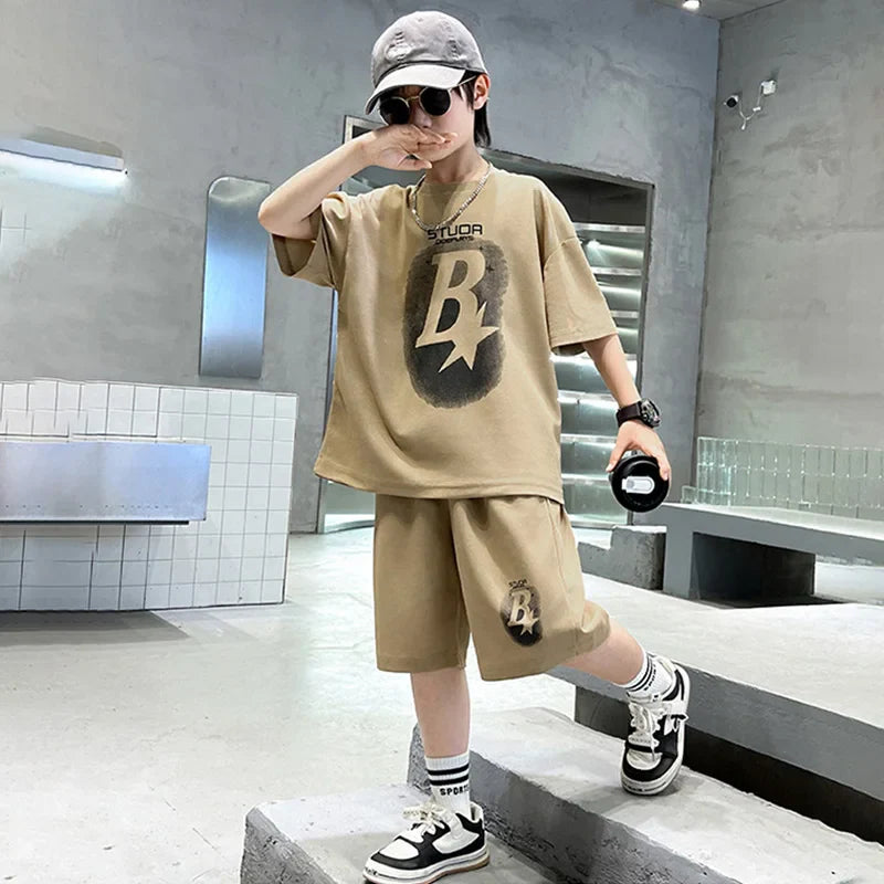 New Summer Teenager Boys Clothing Set Cotton Letter Short Sleeve T-shirt Shorts 2Pcs For 4-14 Years Kids Tracksuits Child Cloth