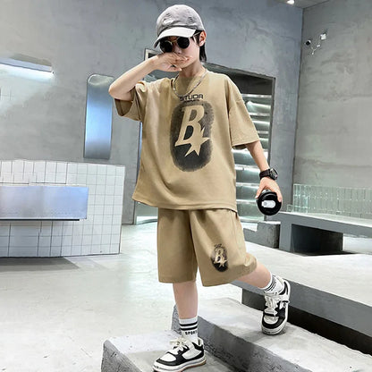 New Summer Teenager Boys Clothing Set Cotton Letter Short Sleeve T-shirt Shorts 2Pcs For 4-14 Years Kids Tracksuits Child Cloth