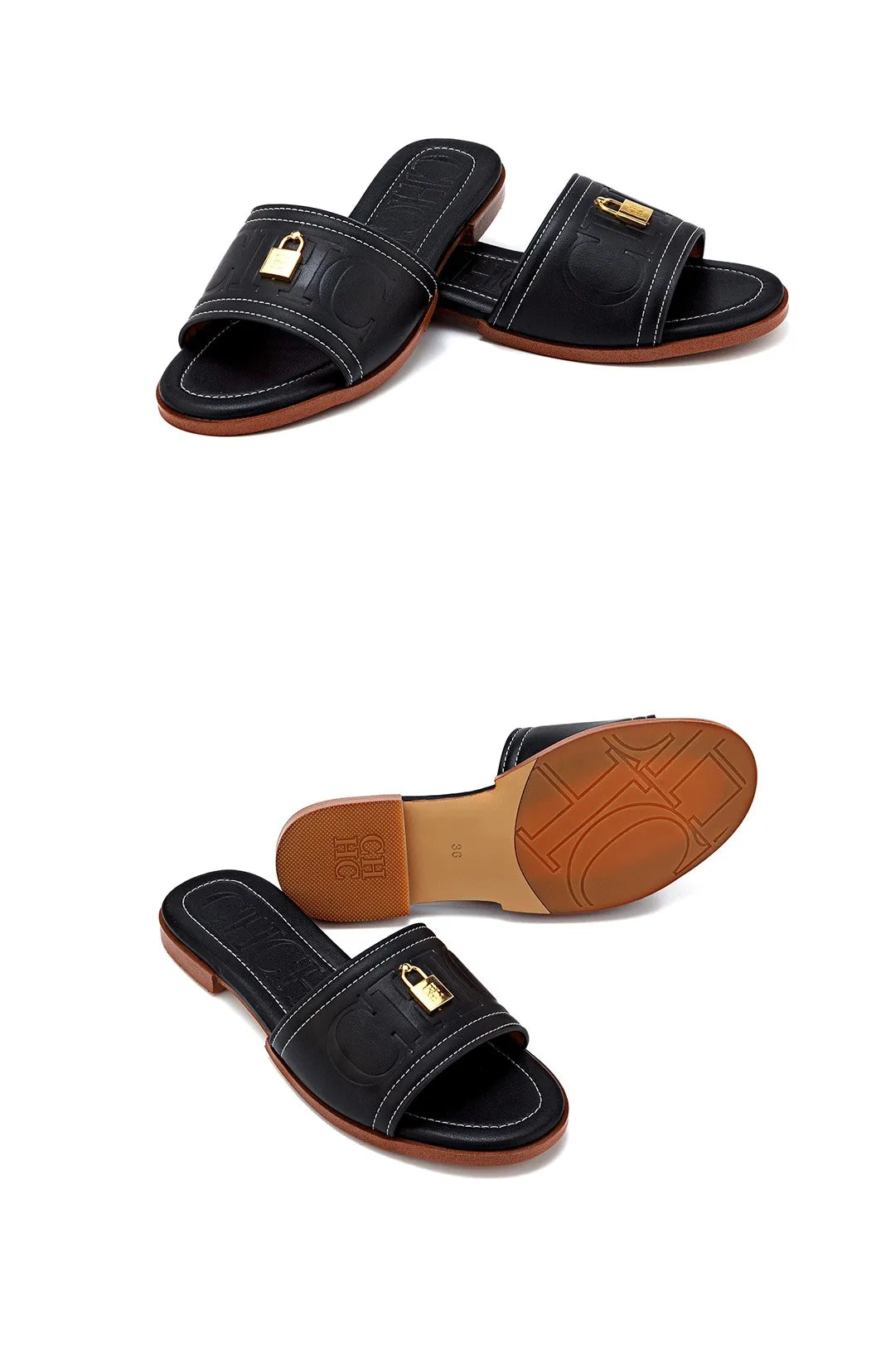 Fashion Monogram Print Elegant Design Women's Low Heeled Slippers Solid Color High Quality Metal Lock Simple Single Shoes