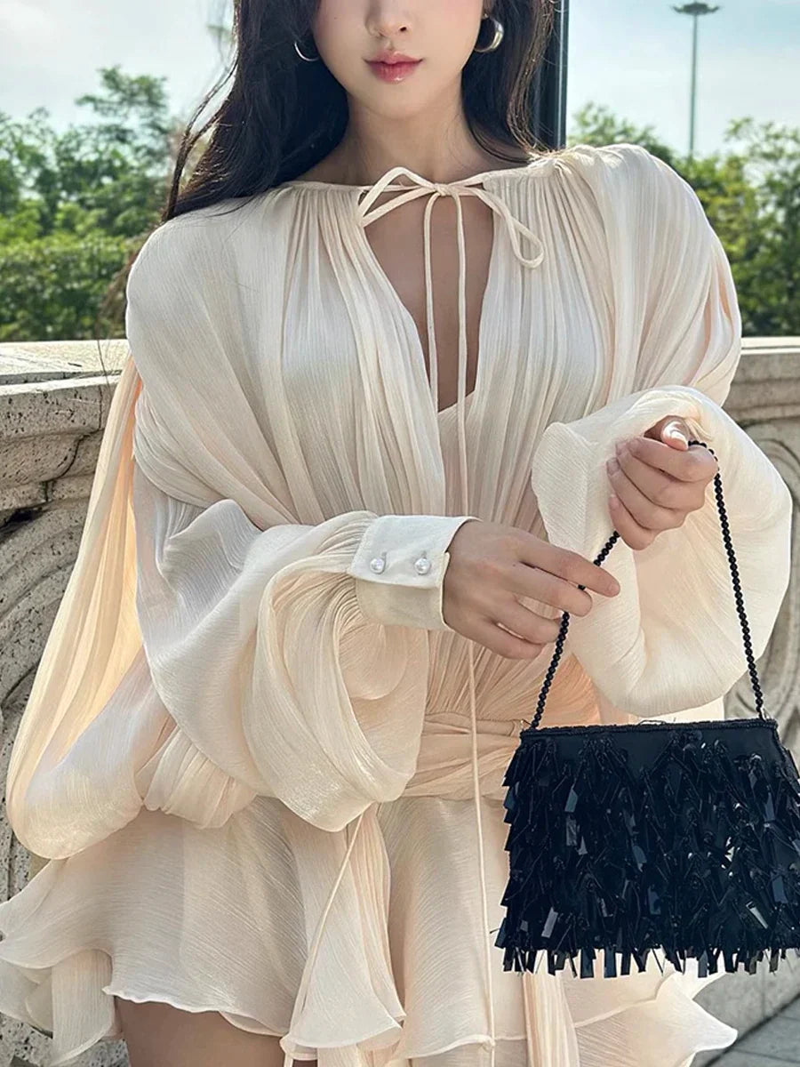 Solid Loose Splicd Lace Up Dresses For Women V Neck Long Sleeves Patchwork Ruffles Tunic Dreses Female Fashio New