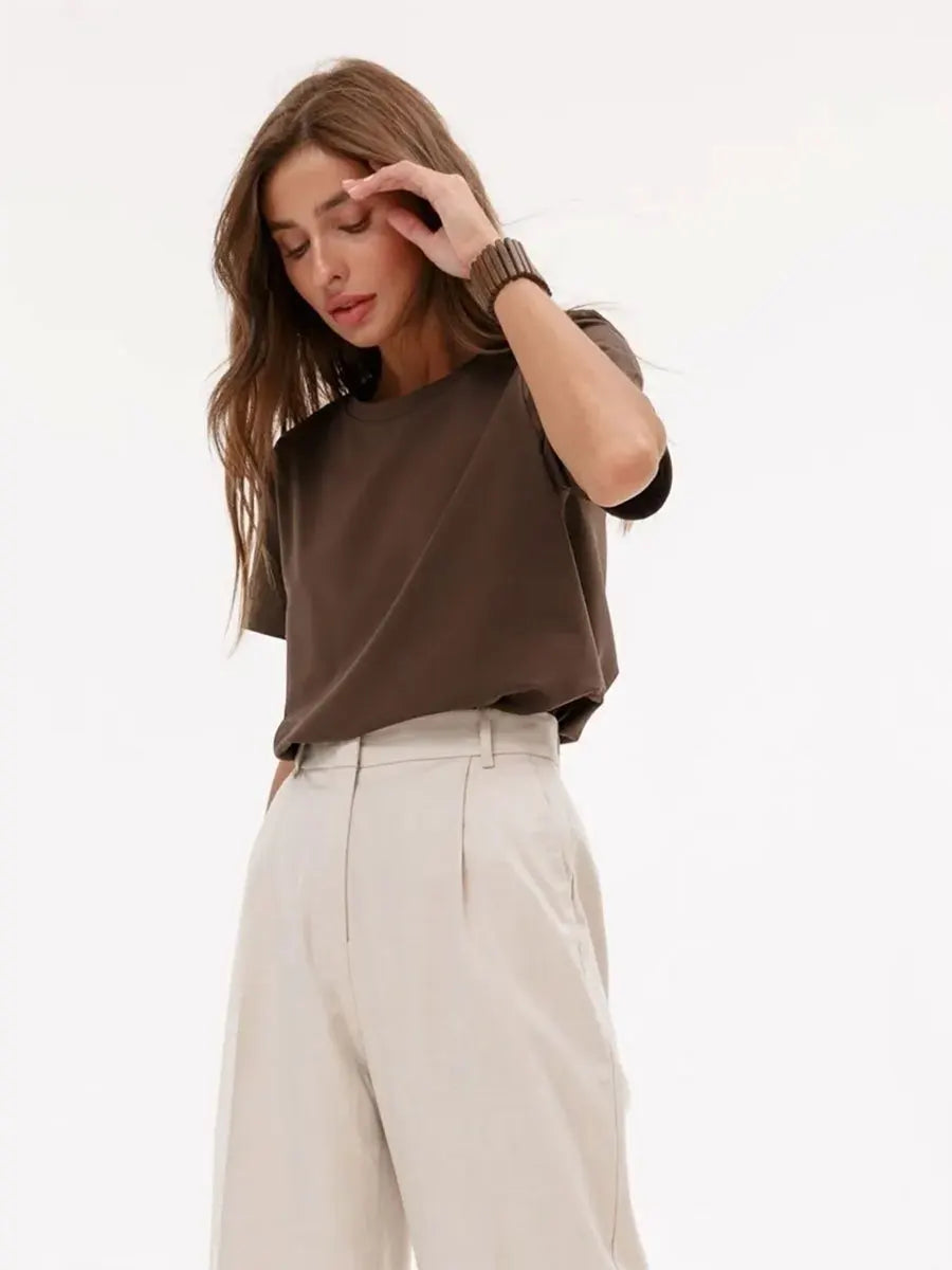 Summer 100% Cotton Women's T-shirt Bottoming Basic Fashionable Solid Lady Short Sleeve Loose Tops Shirts 230g/㎡ Tops