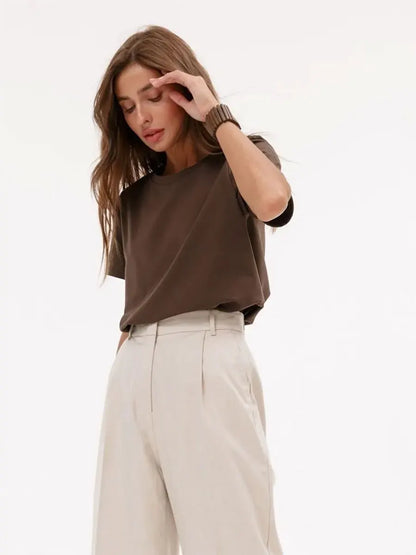 Summer 100% Cotton Women's T-shirt Bottoming Basic Fashionable Solid Lady Short Sleeve Loose Tops Shirts 230g/㎡ Tops