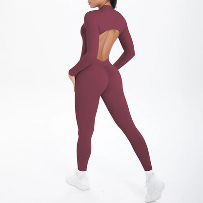 Solid Color Bodysuits for Woman's Backless Long Sleeved Zipper Yoga Jumpsuits High Dtrength Workout Sports Fitness Clothing Set