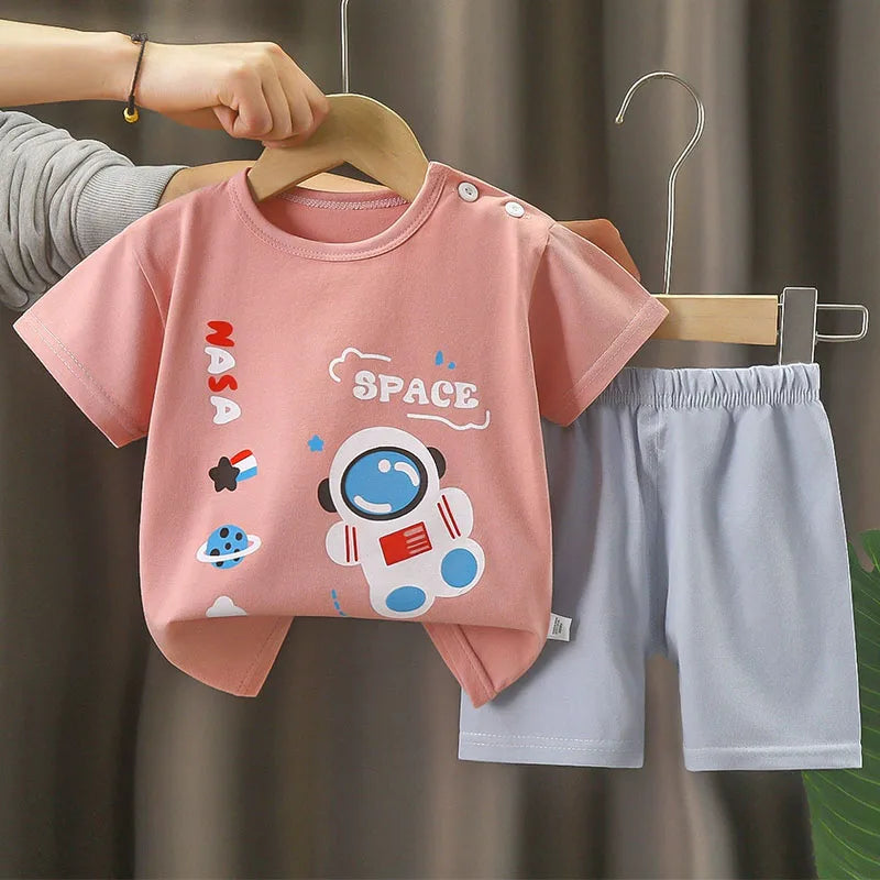 2Piece Summer Boys Clothing Korean Casual Cartoon Cute Print Short Sleeve Baby Tops+Shorts Kids Clothes Children's Sets B207