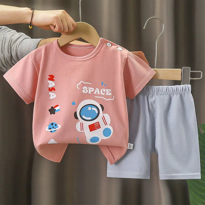 2Piece Summer Boys Clothing Korean Casual Cartoon Cute Print Short Sleeve Baby Tops+Shorts Kids Clothes Children's Sets B207