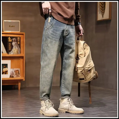 Calça Jeans Masculina Primavera Vintage Elástica Casual Longa Calça Reta Slim Algodão Poliéster Lavada para Adolescentes