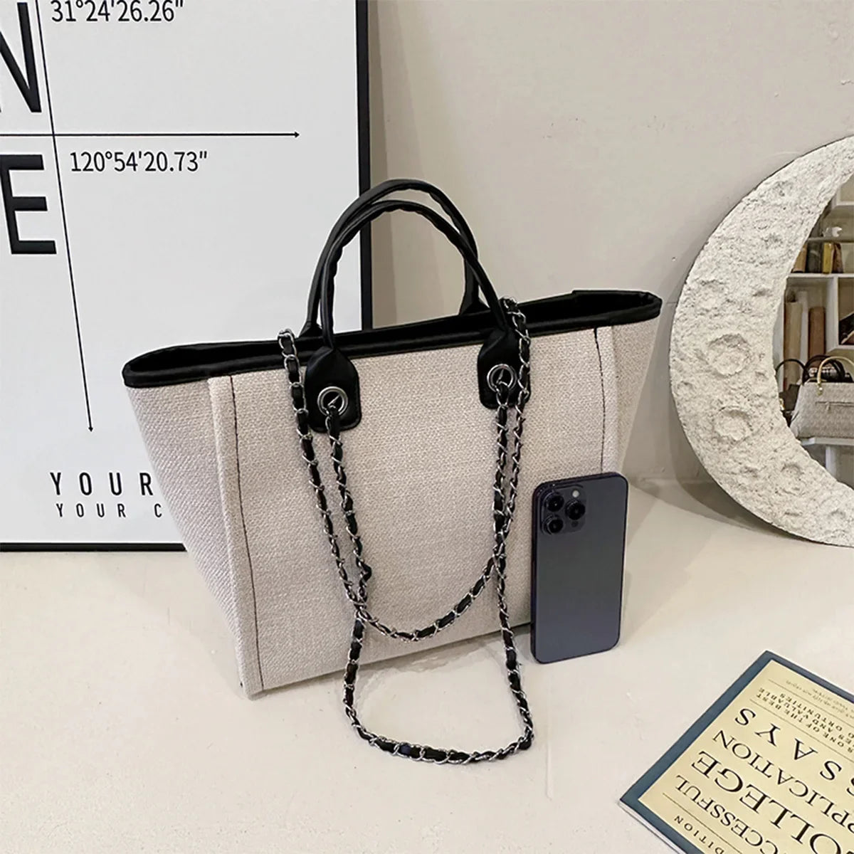 Matte Canvas Shoulder Bag Solid Color with Chain Strap Lightweight Large Capacity Embroidered Zipper Classic Handbag